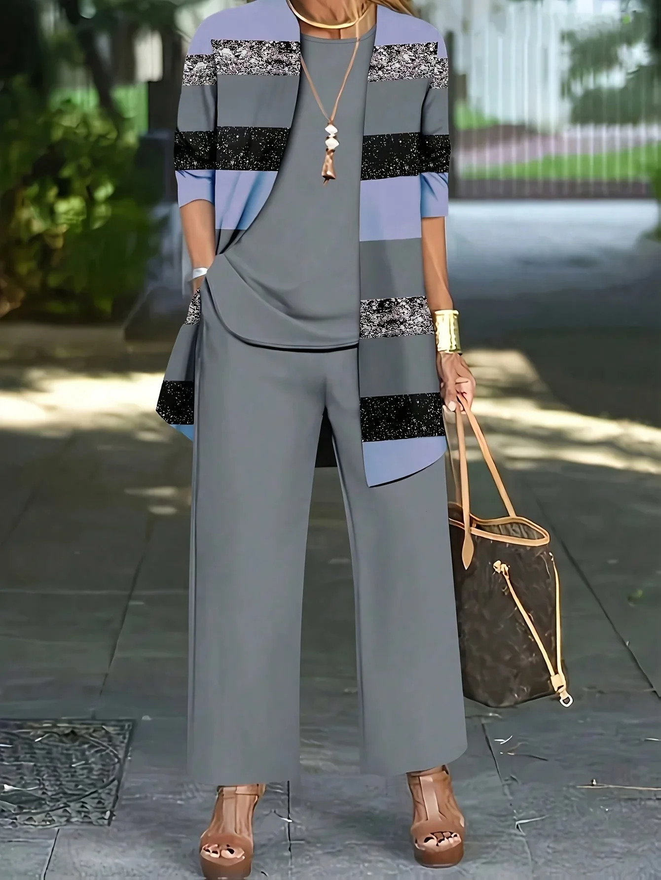 Plus Size 1XL-5XL Womens Fashion 3-Piece Set Womens Casual Long Sleeve cardigan vest and pants set 250427