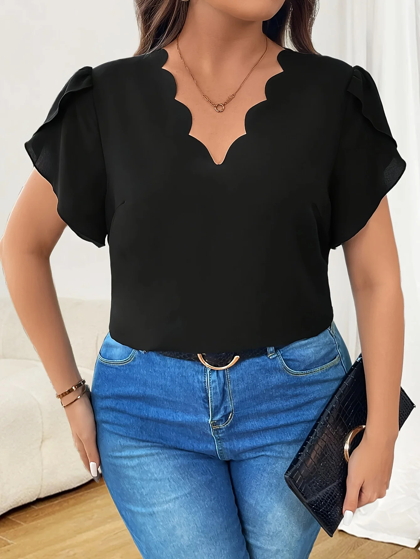 Large size womens casual printed personalized clothing oversized spotted trimmed petal sleeves tops 250430Z