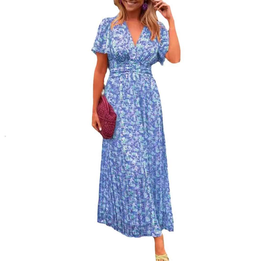 European and American women's print waist cinched V-neck dress long skirt 2025 temperament versatile new trend clothing ins