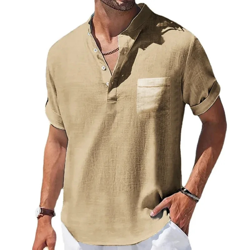 mens short sleeved breathable T-shirt summer solid color basic pocket shirt mens slim half button linen streetwear 250427