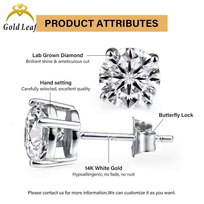 14K White Gold 0.30CT-5CT GIA/IGI Certified DEF VVS White Clear Round Cut Lab Grown Diamond Fine Stud Earrings Womens Jewelry