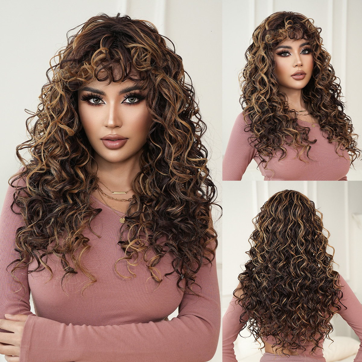 spicy New Asian honey gold curly black spring curly long hair with bangs and synthetic fiber mechanism wig