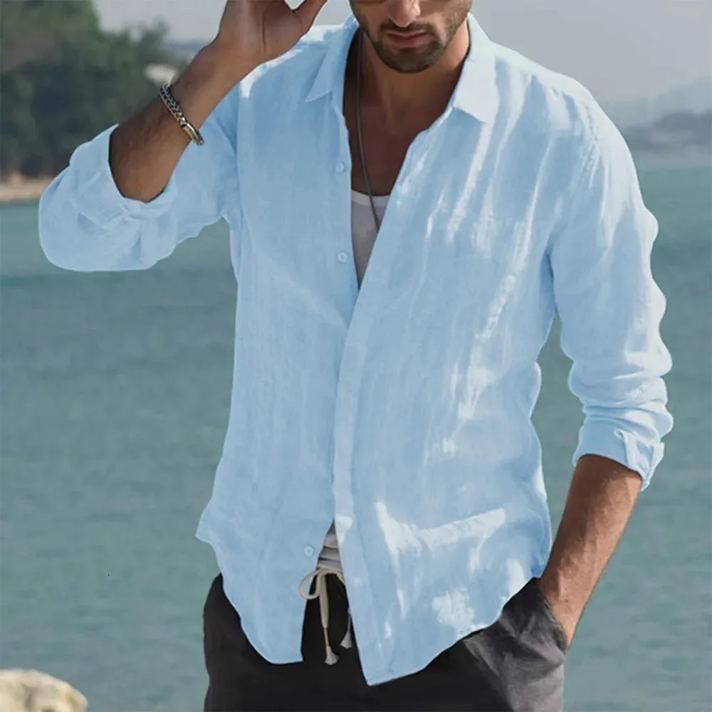 Summer mens solid fashion version beach cotton linen shirt long sleeved cardigan top with lapel slim fit and slimming 250427