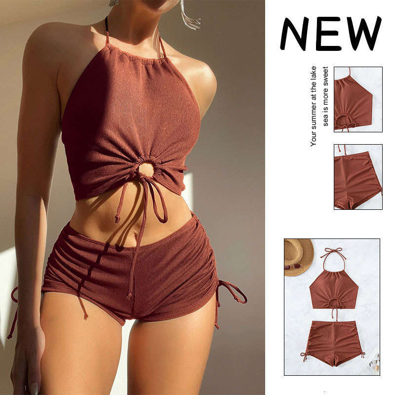 European American solid color camisole women's sports beach flat angle bikini hot spring swimsuit new style chic and elegant clothing