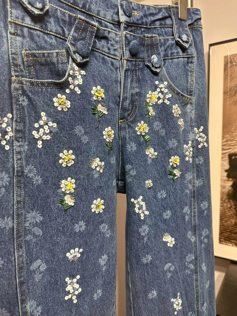 High quality blue floral print sequined denim jeans model 250428