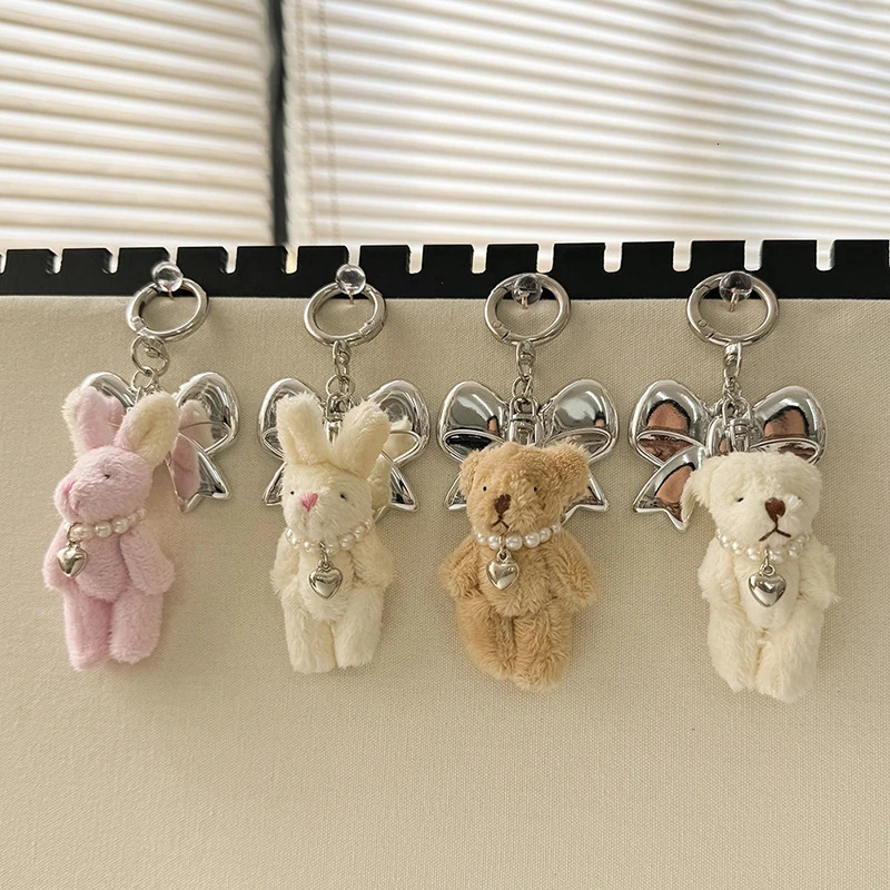 Plush Small Bear Pearl Chain Keychain Cute Doll Bag Charms Big Metal Bow Pendant Keychain Girl Heart Hanging Ornament Jewelry 250430