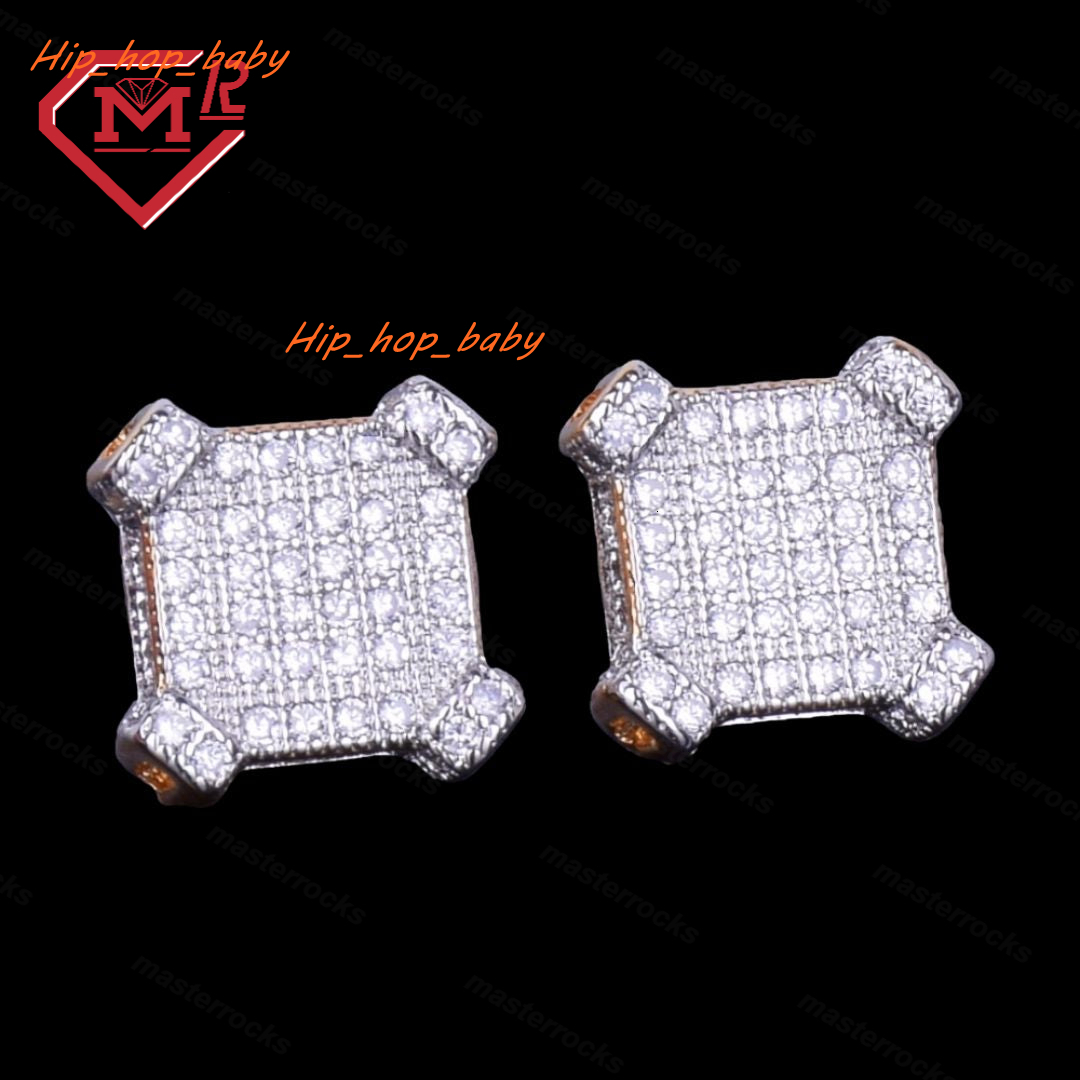 10mm Shine Moissanite Square Iced Out Unisex Earrings Hiphop Fashion Jewelry Gold Plated Earrings