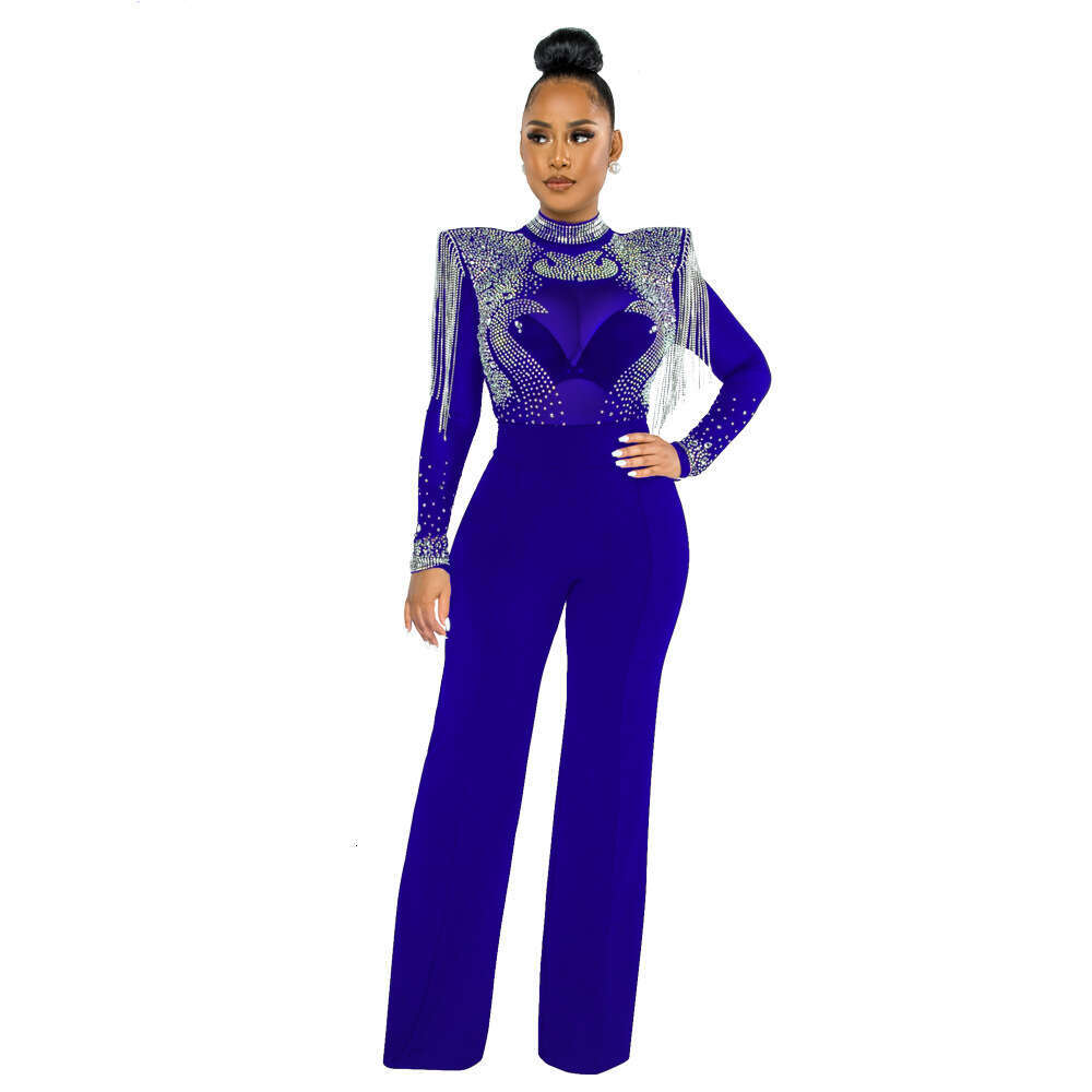 CY9232B European and American fashion sexy casual slim fit high neck see through hot dia fringe jumpsuit for women 2025 temperament versatile new tren