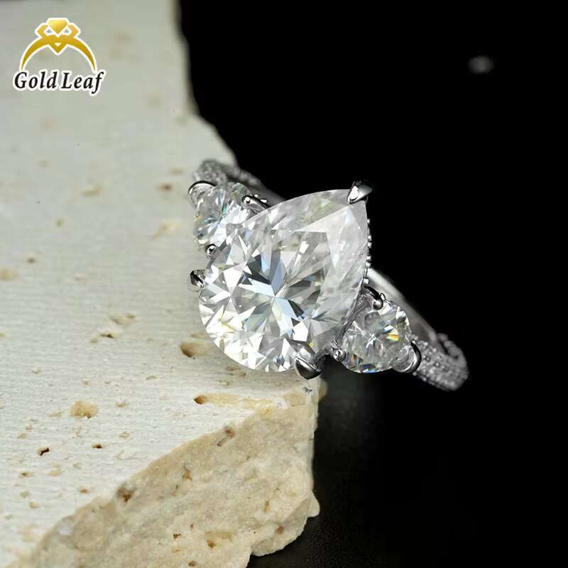 Goldleaf GRA Certificate Moissanite Pear Silver 925 Gold Plated Moissanite Ring Pave Band Moissanite Engagement Rings for Women