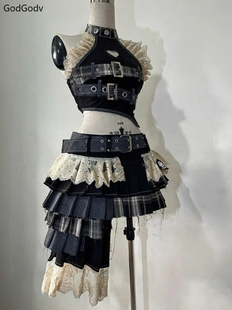 Summer Gothic Punk Elegant Womens Set Y2k Shoulder Strap Hollow Splicing n 2piece Irregular Retro Odd 2025 250427