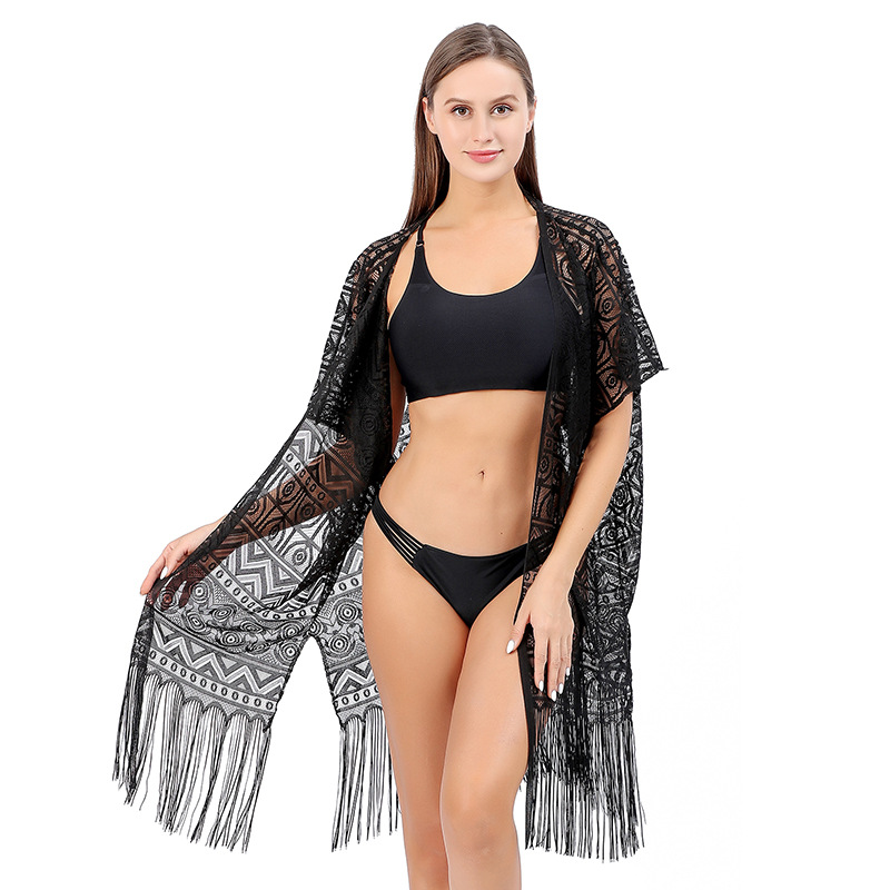 K594 Cross-border European and American style sexy lace cardigan beach bikini cover-up geometric tassel shawl sun protection clothing for women
