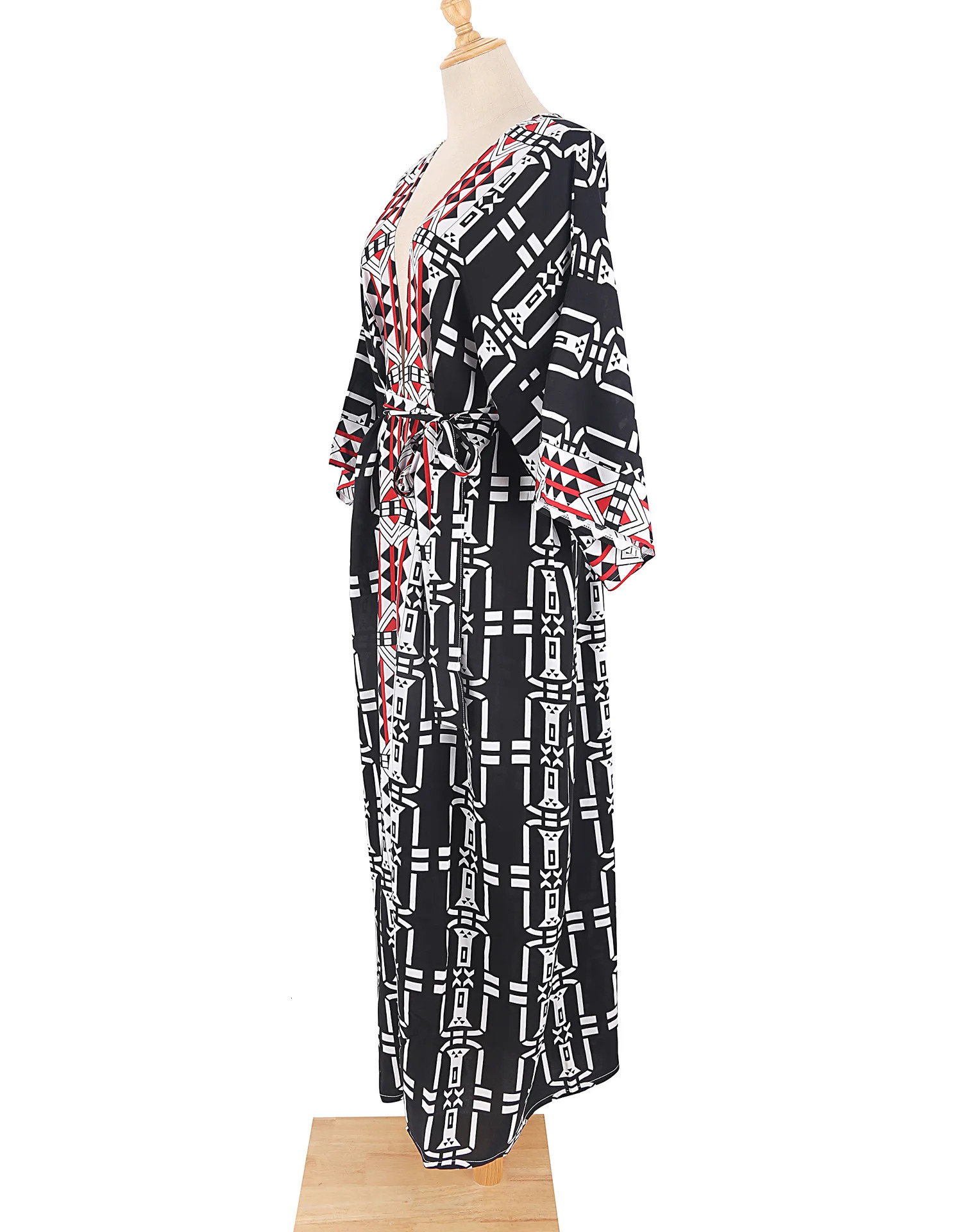 Beach covered oversized kimono womens geometric printed synthetic silk with belt suitable for loose and lightweight cardigans in summer 250422