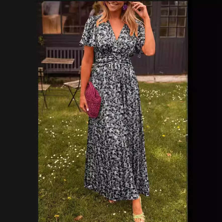 European and American women's print waist cinched V-neck dress long skirt 2025 temperament versatile new trend clothing ins