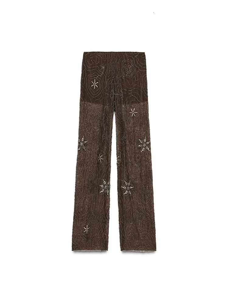 Chic See Through Beams sequins straight thin Trouser fashion y womens low waisted pants summer party 250428
