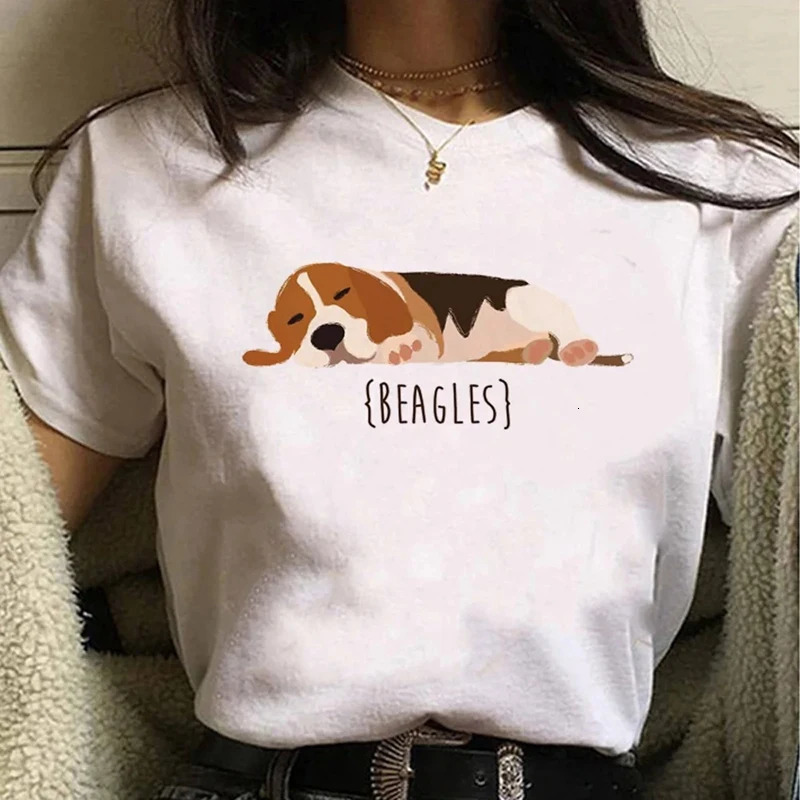 Beagle cartoon cute street clothing white fashionable womens T-shirt Harajuku clothing short sleeved summer T-shirt casual womens O-neck top 250428