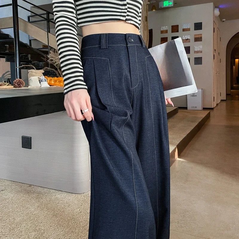 SpringSummer Retro Womens Wide Leg Pants High Waist Solid Casual Loose Straight Full Length 250428