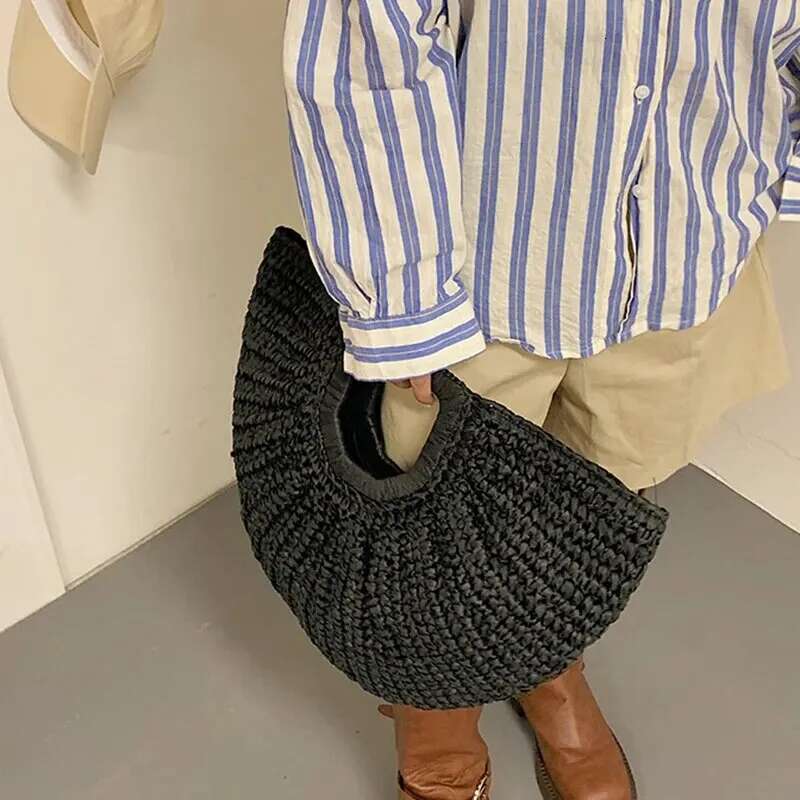 Summer Straw Women Half-Moon Beach Handbag Rattan Handmade Handle Fashion Kintted Tote Bag