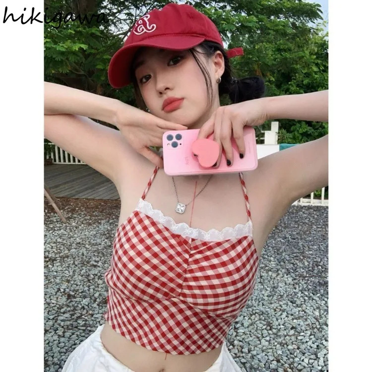 Cute crop top from South Korea fashionable summer womens tank Ropa strapless and backless Tunic Camis patch work lace plain weave Y2k vest 250427
