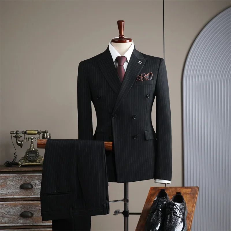 A highend double layered striped set for mens casual grooms wedding dress 250428