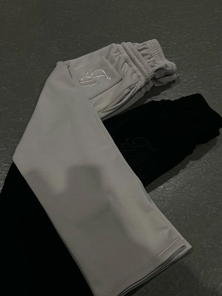 Harajuku loose solid color sports pants hip-hop waistband Y2K American solid color star embroidered casual pants 250428