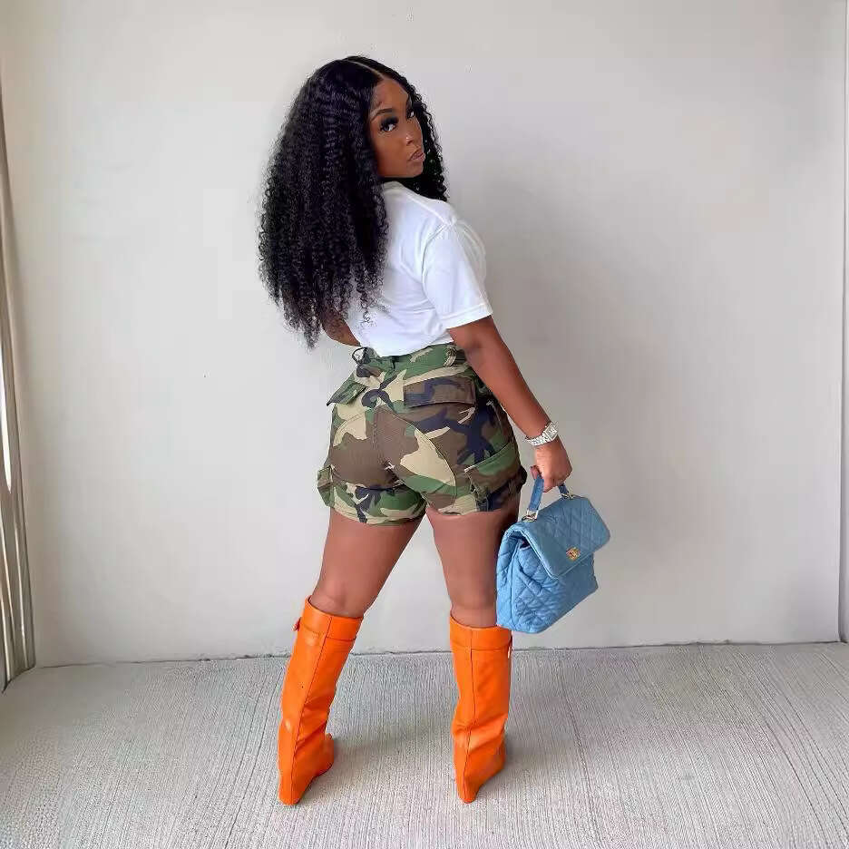 2107 Europe and America Summer Women's Camouflage Printed Patchwork Shorts 2025 New Casual Versatile Fashion Clothing
