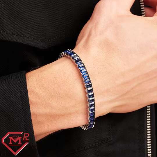 Unique Design Hiphop Tennis Chain 925 Silver Bracelet Deep Blue Emerald Cut Vvs Moissanite Tennis Chain