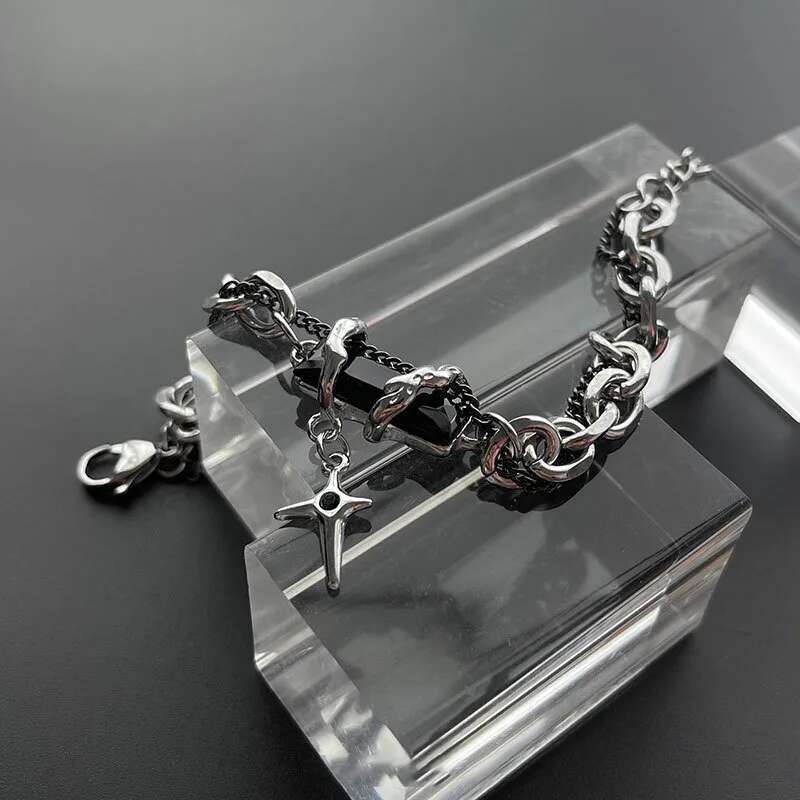 2024 Retro Black Zircon Star Bracelet For Women Men Gifts Trend Titanium Steel Chain Unisex Goth Jewelry New Couple Accessories