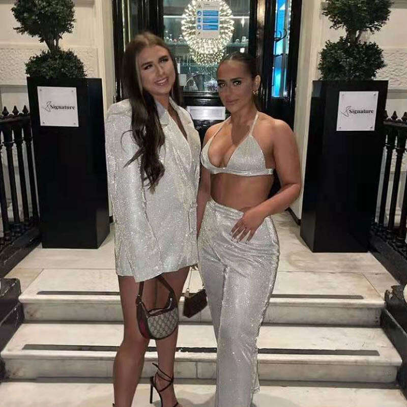 Hot selling items in spring summer of 2022, European and American sparkling suit jacket, underwear straight leg pants set, 20250069, 2025 new casual v