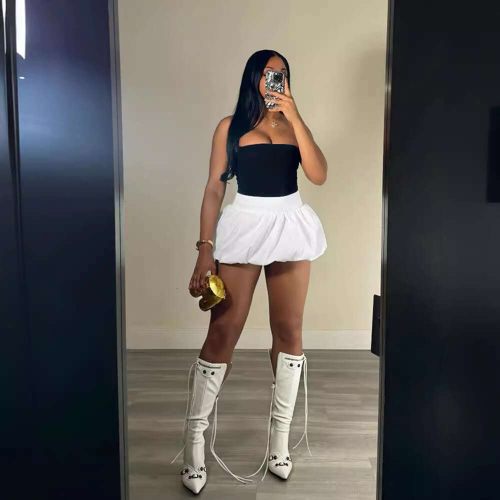 European and American style pleated bubble solid color elastic waist ultra short mini skirt 2025 new casual fashion trend clothing