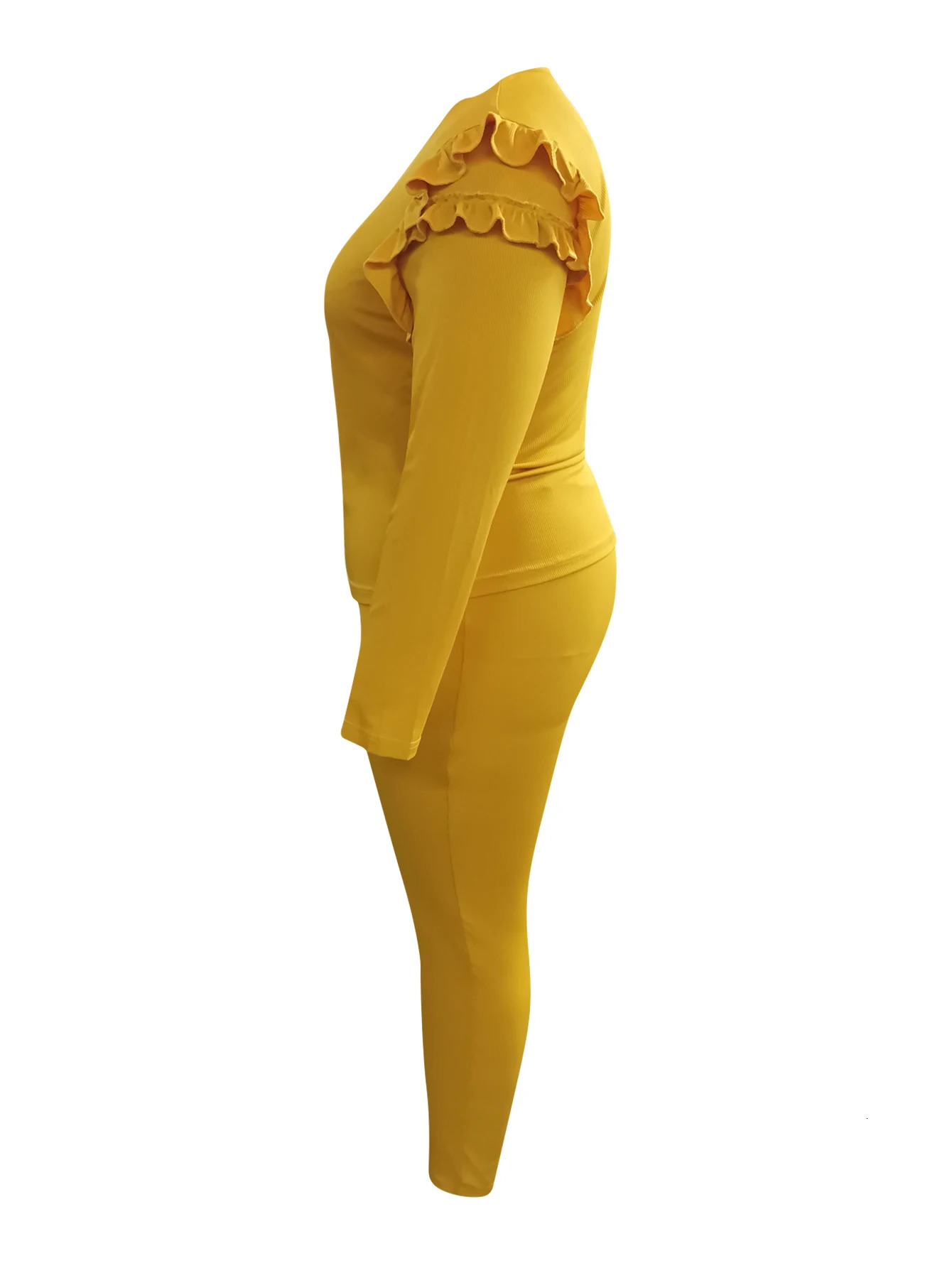 4XL 5XL LW Plus Size Fashion V-neck Striped Yellow Two piece Pants Set Spring Womens Basic Plain Ruffle Womens Matching Set 250427