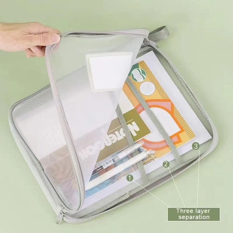 Transparent stationery storage folder thick mesh zipper file packaging A4 size school office supplies travel storage bag 250425