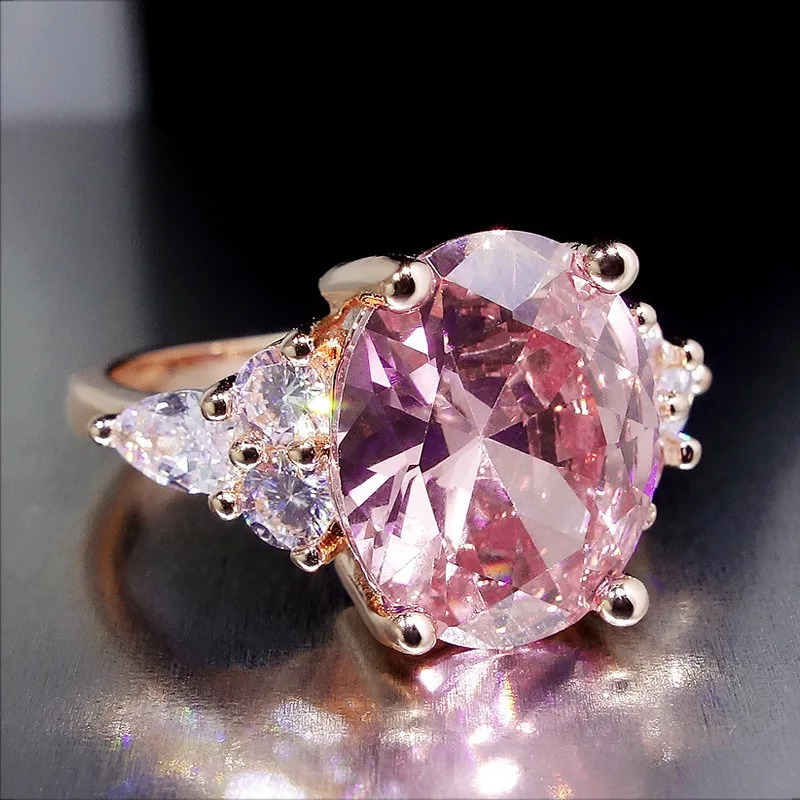 Pink zircon oval stone ring womens sparkling crystal engagement retro rose gold silver wedding jewelry 250428