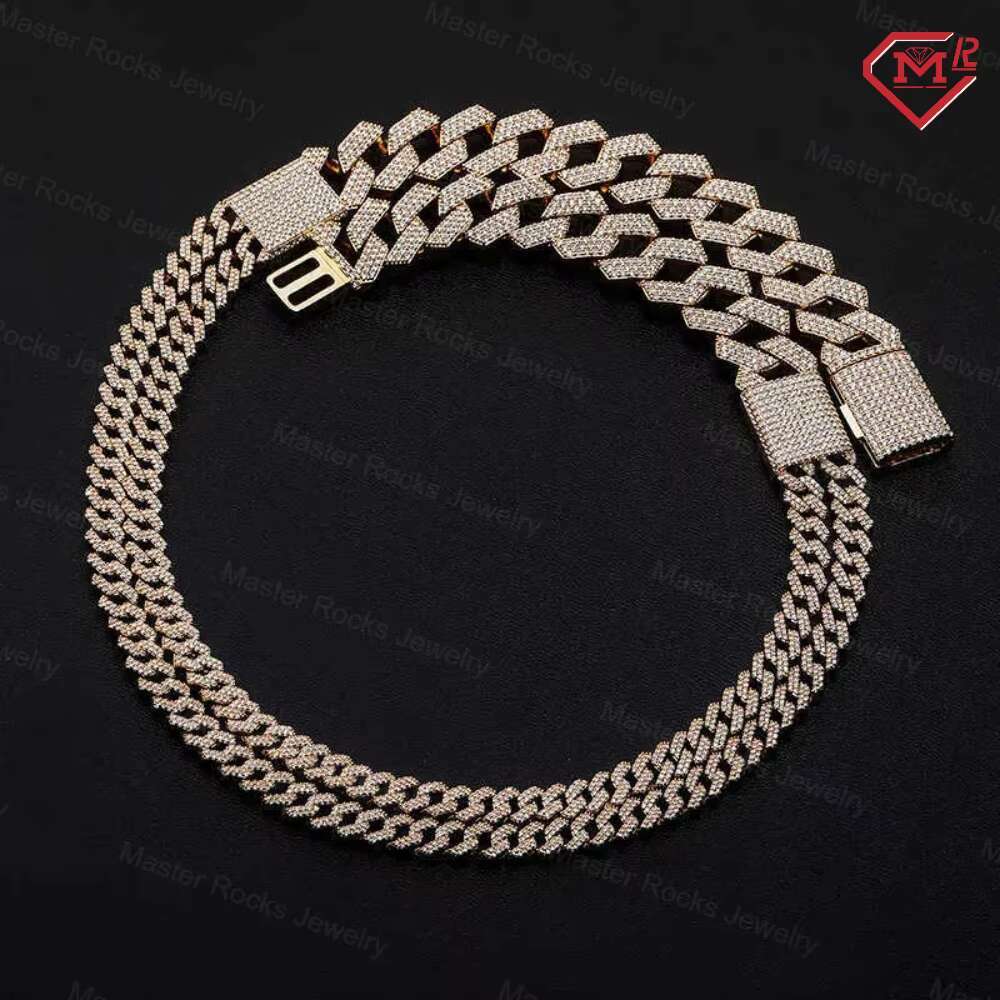 Hiphop Moissanite Cuban Link Chain Gold Plated 15mm 925 Sterling Silver Ice Out Miami Moissanite Cuban Chain