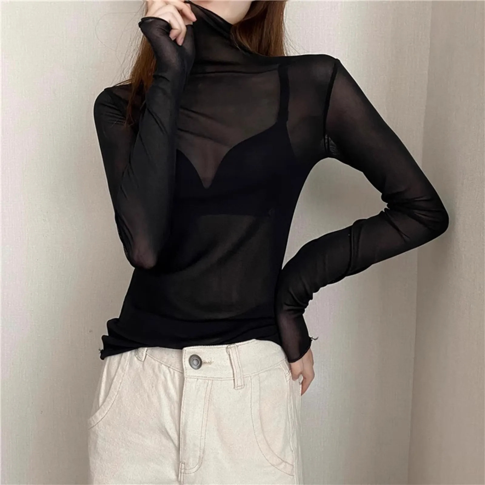 High neck transparent mesh womens clothing long sleeved turtle Tshirt black and white pink shirt layered chiffon top 250425