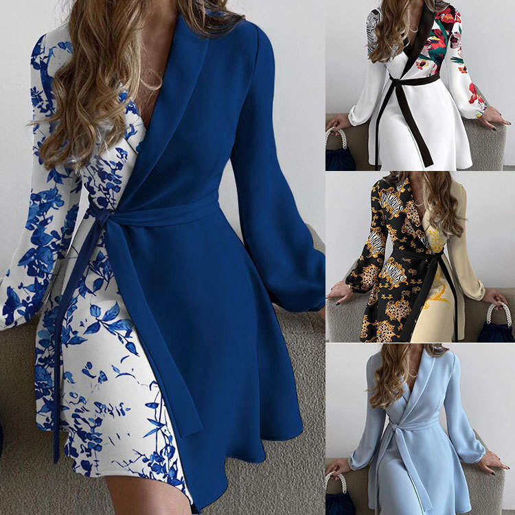 autumn winter trend European and American women's elegant one-piece color blocked lace up dress new casual versatile fashion clothing