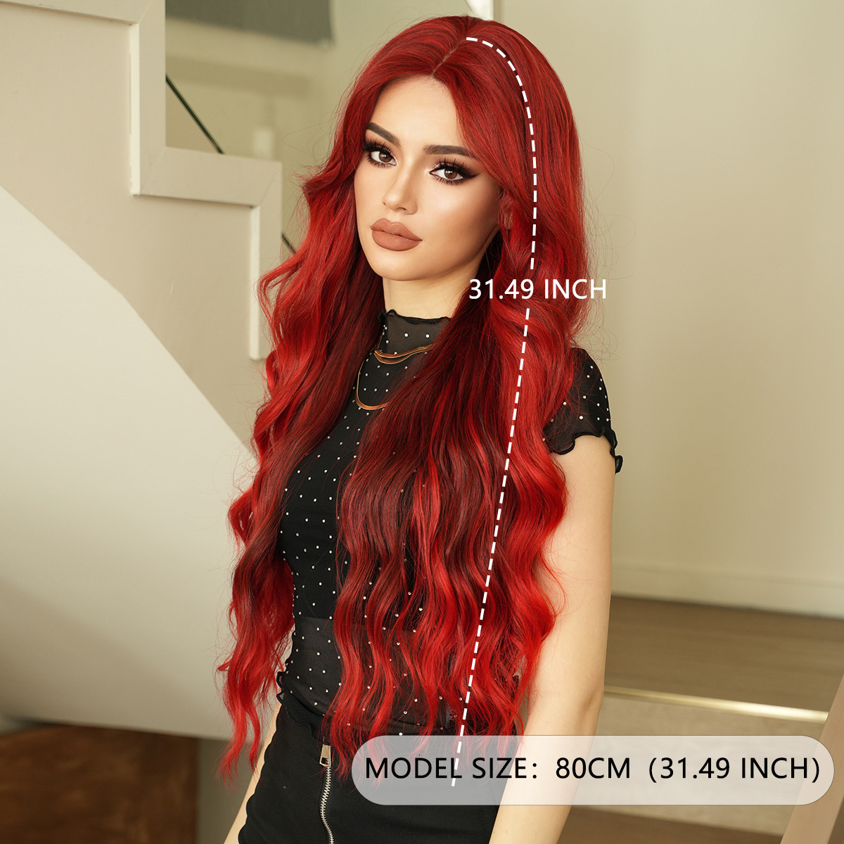 lace Small wig full head set with deep love rose gradient red for womens parties high-quality medium split long curly hair