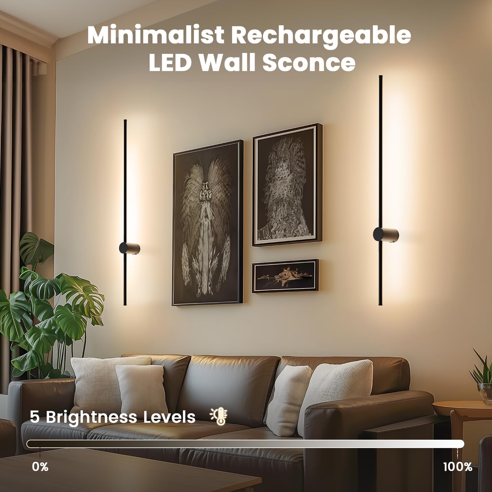 31.5 Inch Battery Operated Wall Sconce,Black Minimalist Rechargeable LED Wall Lights with Remote, 18 Colors Dimmable Wireless Wall Lamp for Living Roo
