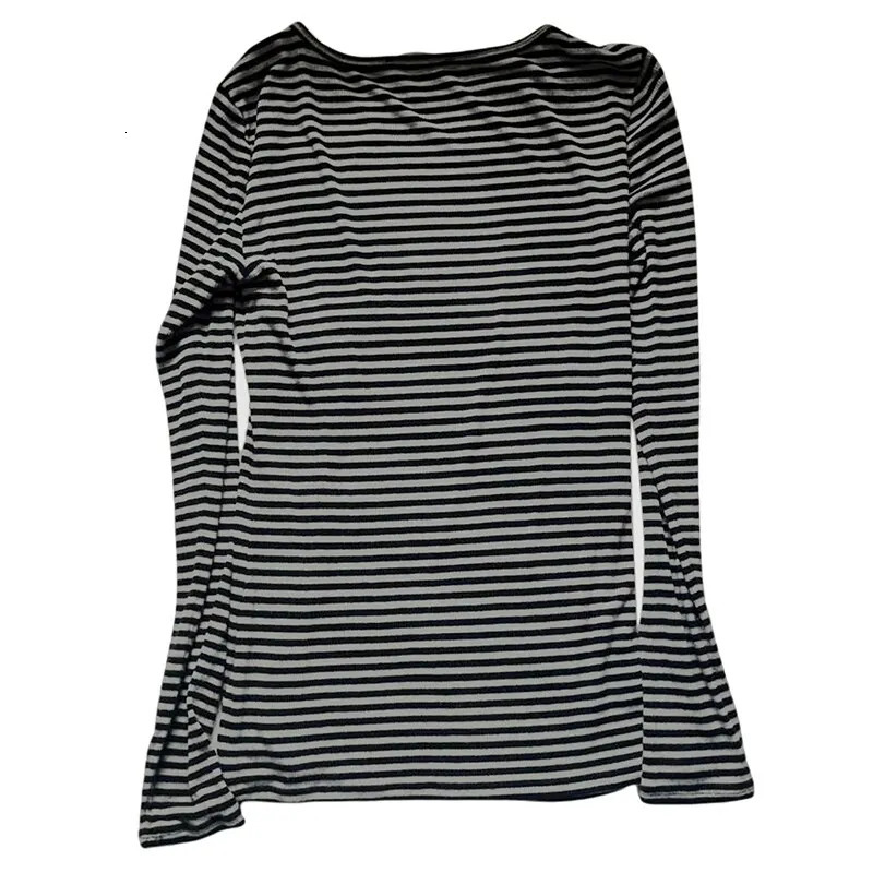 Black and gray striped womens ultrathin top with long sleeves crew neckline stripes Autumn suitable for leisure days 250425