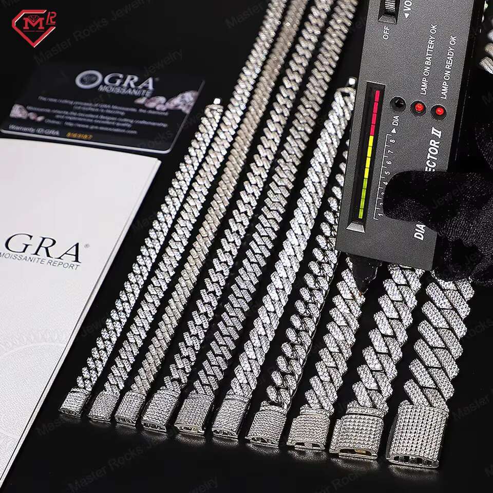Iced Out Hip Hop 2 Rows Cuban 12mm 925 Sterling Silver VVS Diamond Moissanite Cuban Link Chain for Men