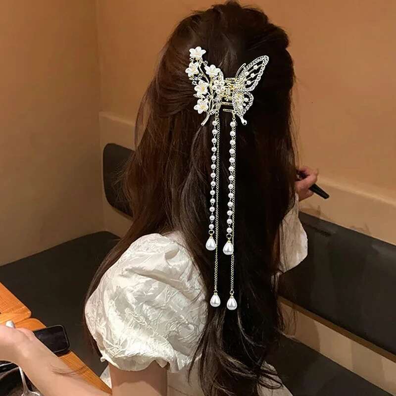 Butterfly Tassel Pearl Claw Red Flower Festival Hairpin For Girls Ponytail Hair Clips Crab Women Fashion Accessories Gifts
