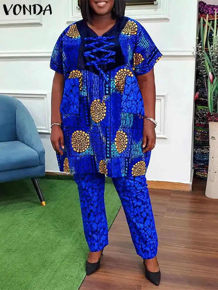 Size Up VODA Womens Bohemian Printed Pants Set Summer Short Sleeve Summer Top and Mens Casual Set 2-piece Set 250427