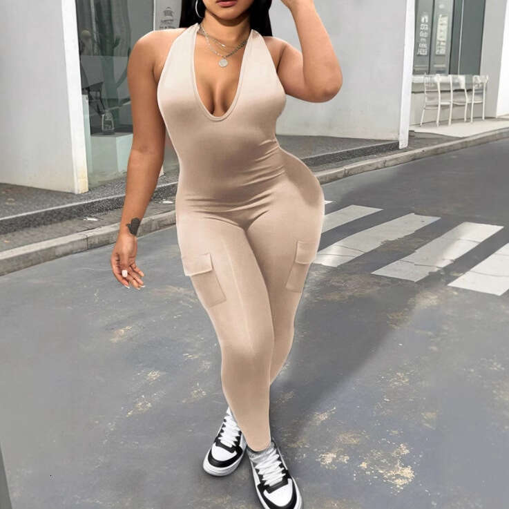 Hot selling spring/summer women's sexy backless hanging neck V with pocket lifting hip sports jumpsuit 2025 new casual versatile fashion clothing