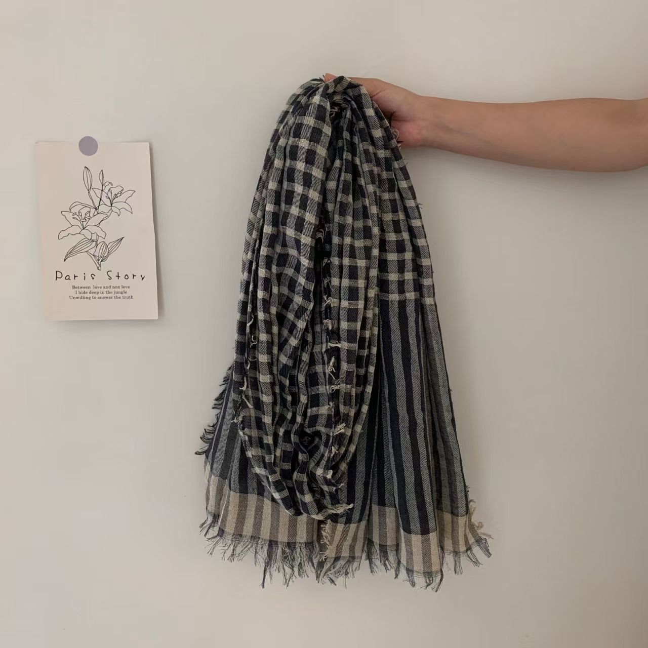T613 cotton and linen scarf for women in spring and autumn, high-grade shawl, retro sunshade striped plaid natural crepe scarf