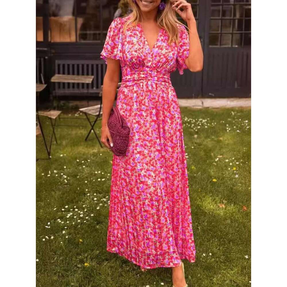 European and American women's print waist cinched V-neck dress long skirt 2025 temperament versatile new trend clothing ins