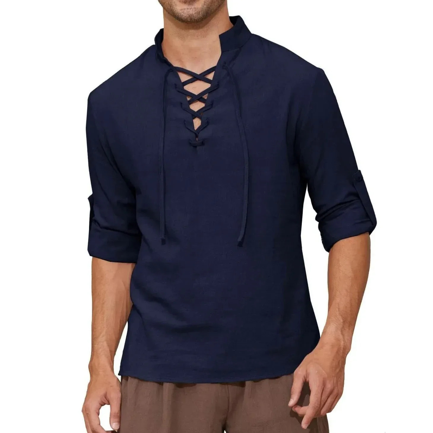 Mens pirate shirt long sleeved cotton linen medieval retro top Halloween costume roleplaying lottery Vneck Tshirt 250430Z