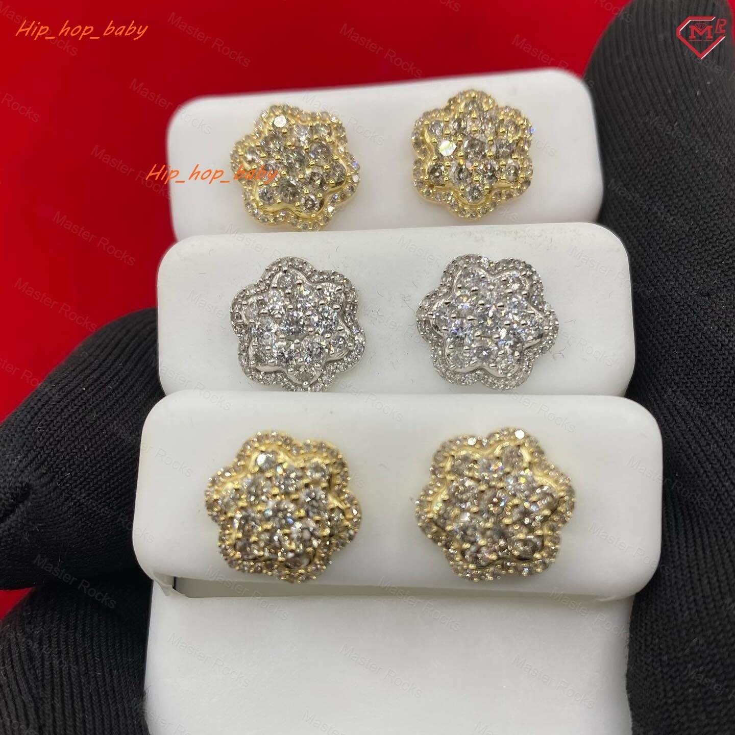 Luxury Stud Earrings 3D Flower Shape 11mm Iced Out 925 Sterling Silver 14K Gold Plated Moissanite Earrings