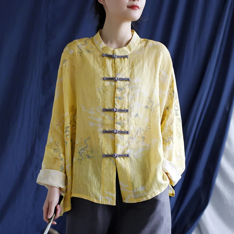 Womens retro cotton linen womens Tshirt and shirt long sleeved oversized coat 250422