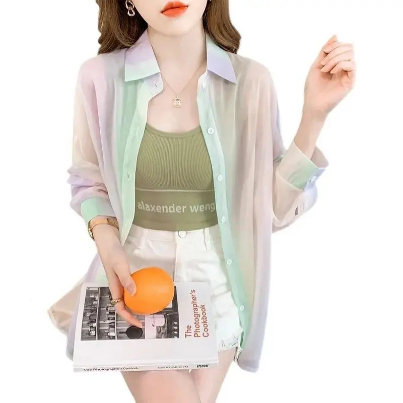 Collar long sleeved shirt and gradient rainbow color transparent thin womens loose top casual 250422
