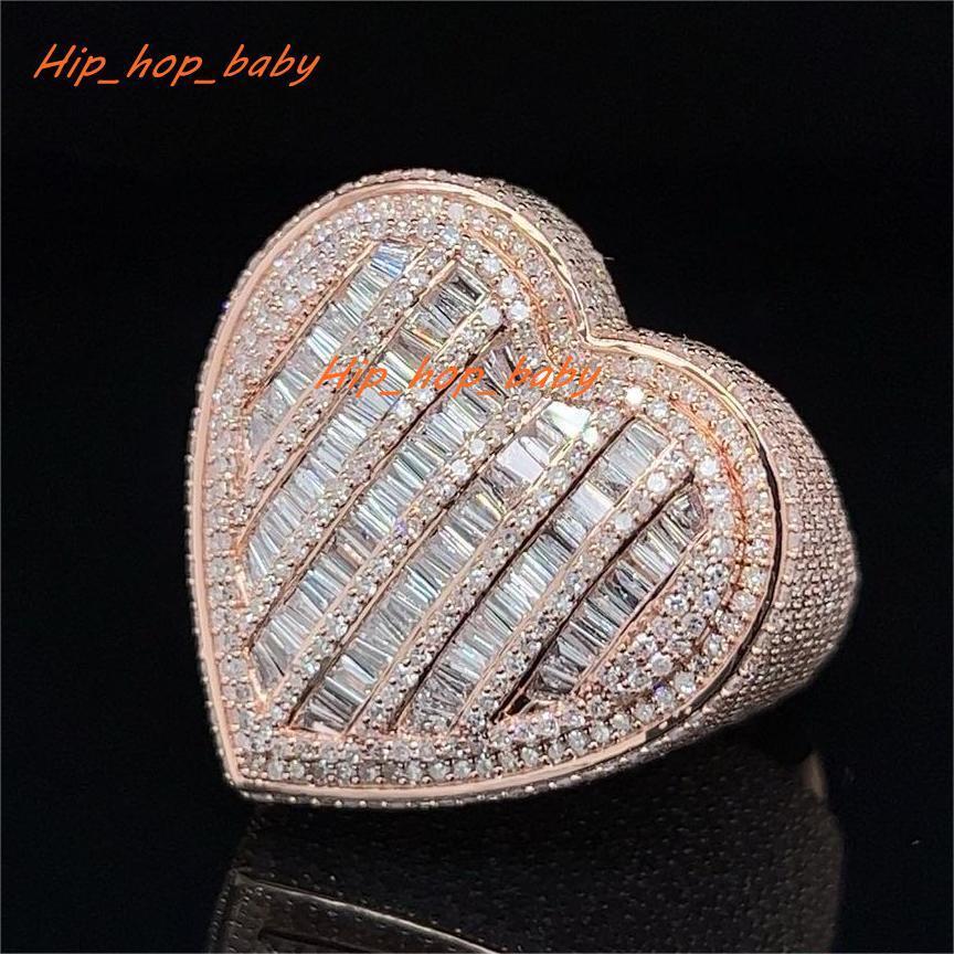 Moissanite Hiphop Diamond Ring Hip Hop Baguette Cut Heart Shape Rose Gold Plated 925 Sterling Silver Vvs Moissanite Ring