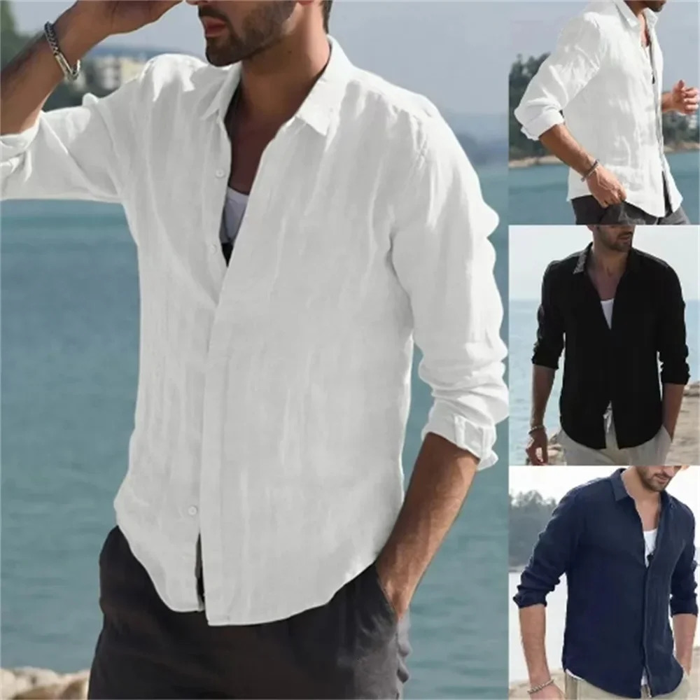 Summer mens solid fashion version beach cotton linen shirt long sleeved cardigan top with lapel slim fit and slimming 250427